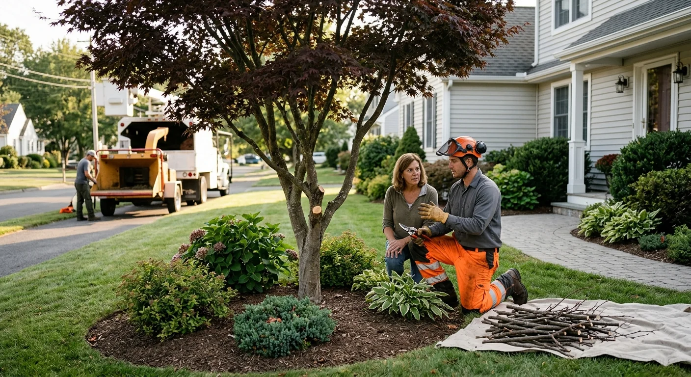 Finished result of a neatly pruned ornamental tree in a front yard