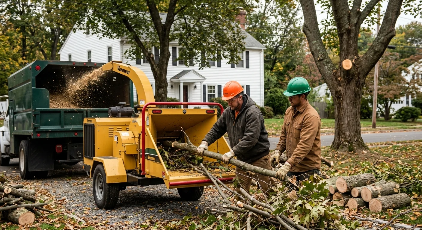 Ground crew chipping pruned brush during cleanup on a Milford lot
