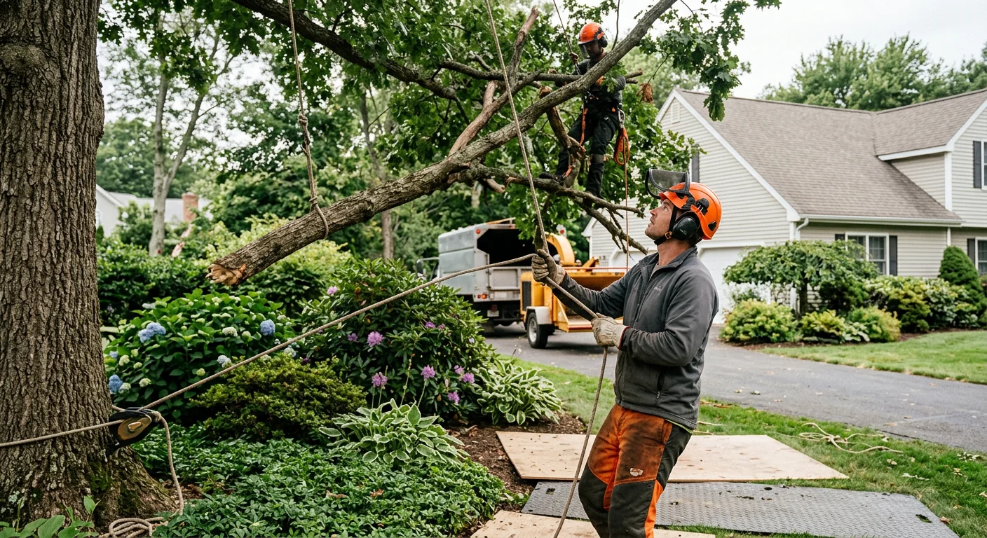 Deadwood branches lowered by controlled rigging over protected landscaping