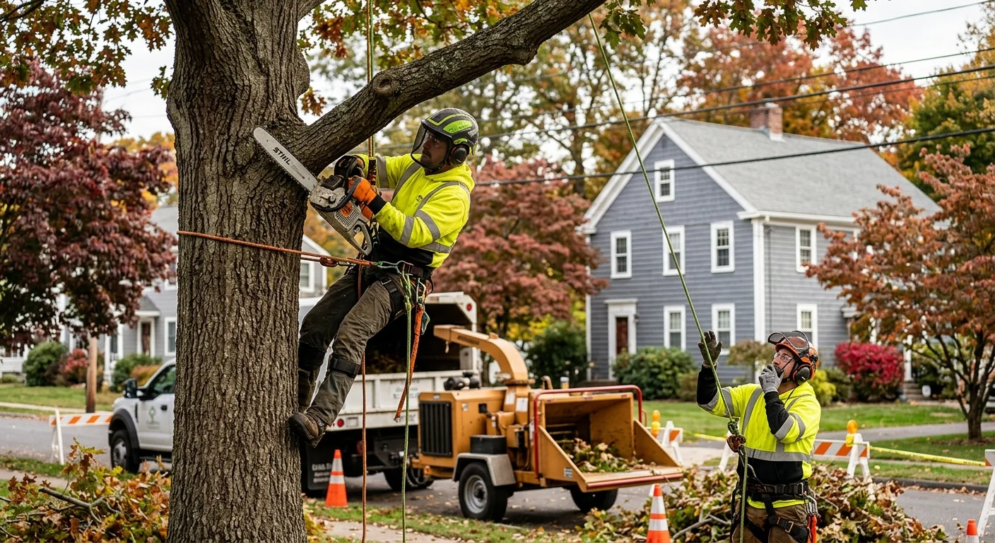 Trained technician pruning a mature tree canopy in a Milford residential yard