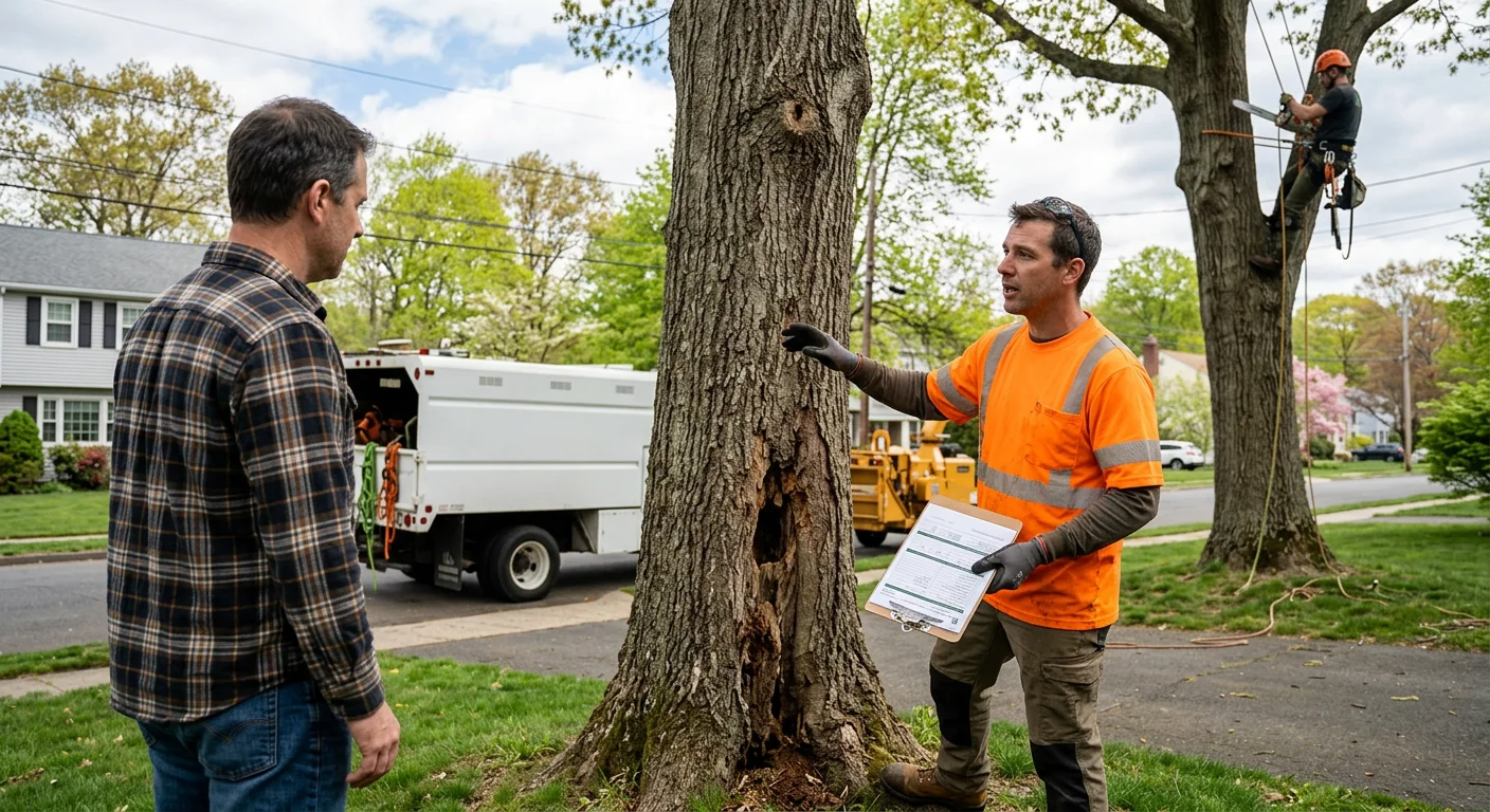 Arborist assessing a large tree for removal on a residential Milford property