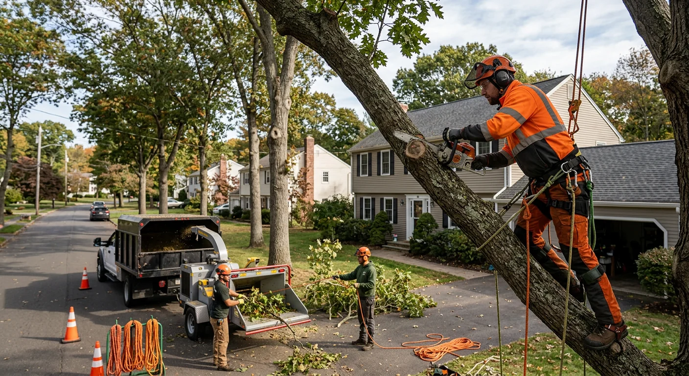 Tree removal crew preparing equipment for a Milford property job