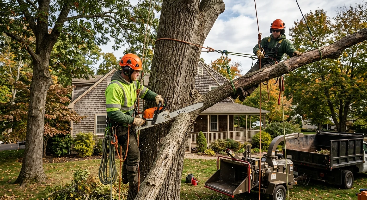 Tree service crew sectioning a large tree near a Milford home