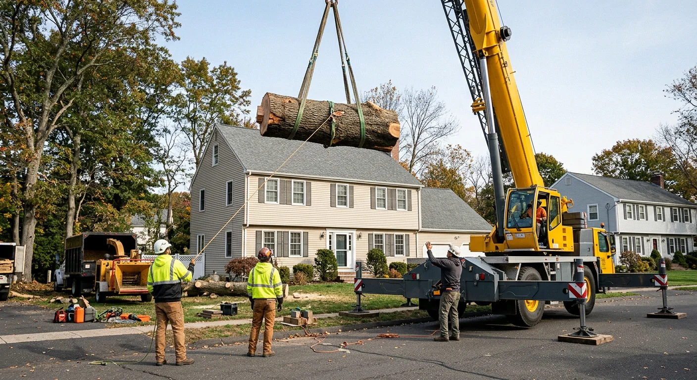 Crane lifting a large oak section over a Milford residential rooftop during removal