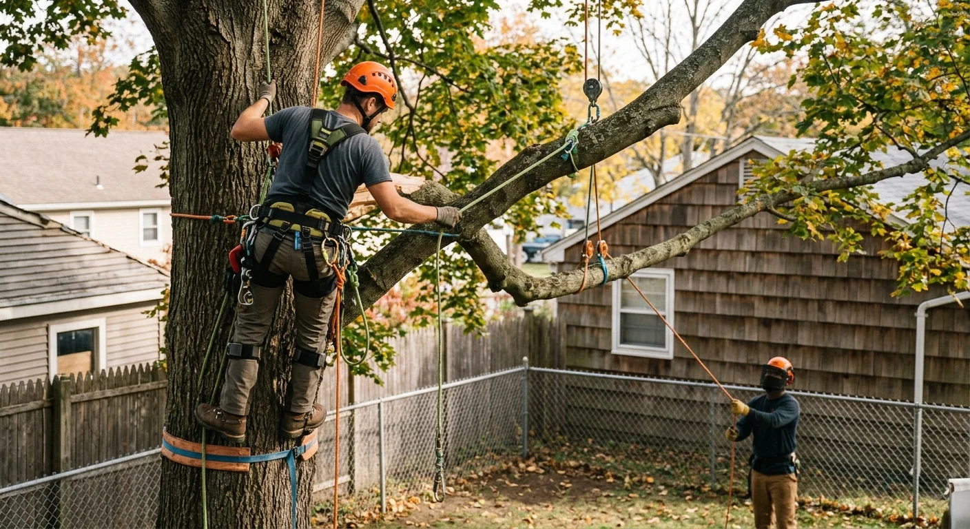 Climber sectional lowering limbs from a tall maple in a tight backyard