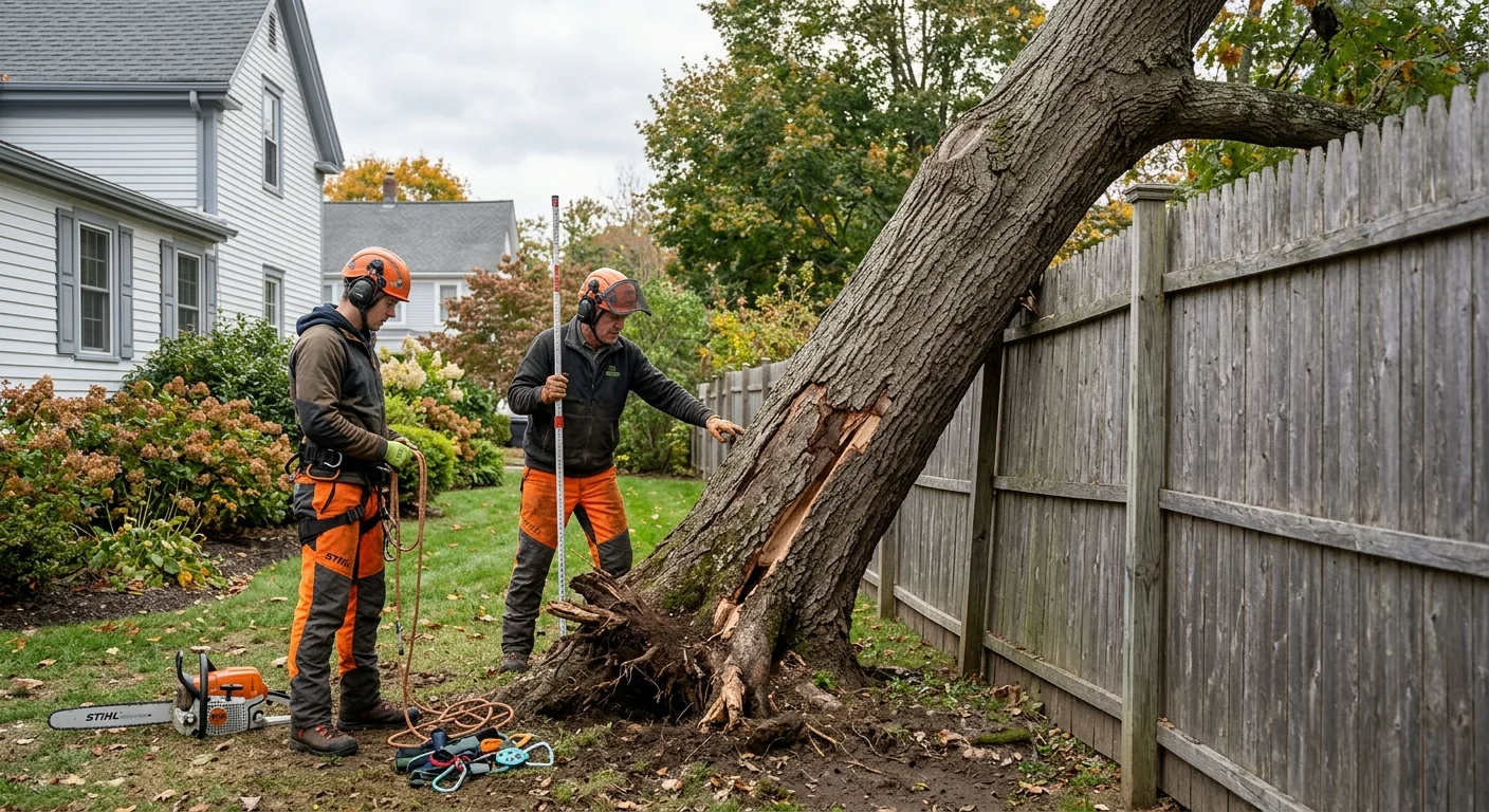 Storm-damaged tree leaning against a fence before removal begins