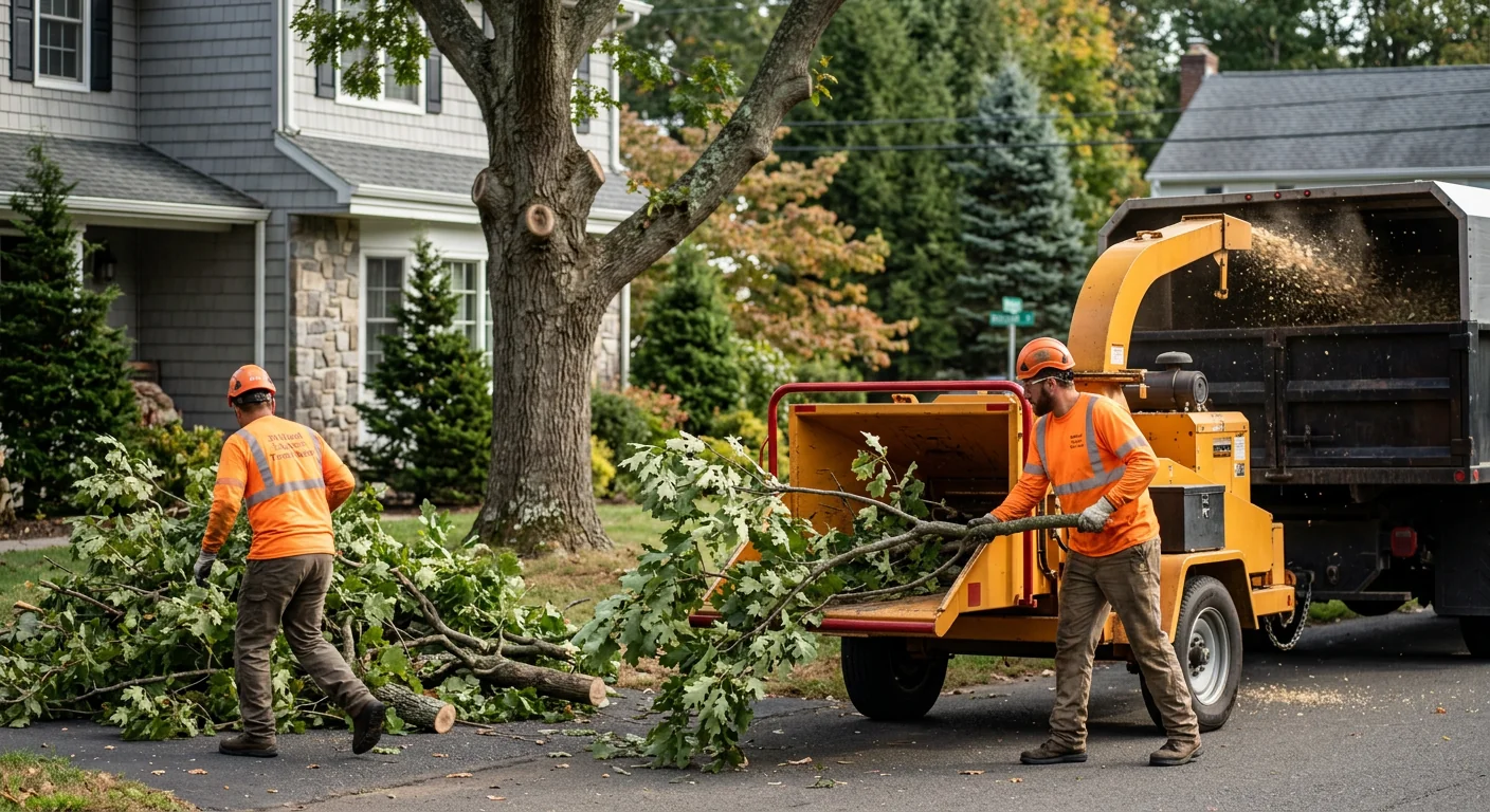 Wood chipper processing branches during a residential tree removal cleanup