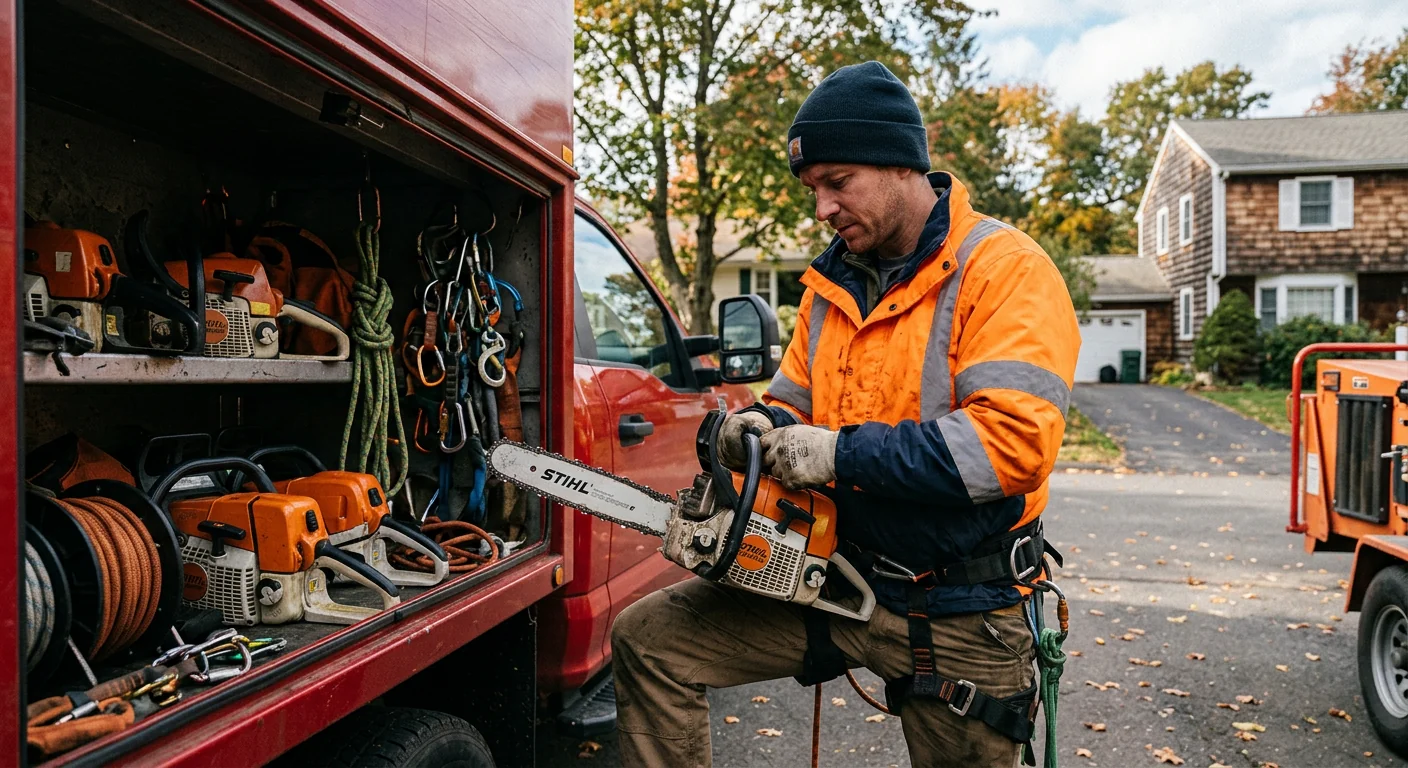 Milford Expert Tree Care technician reviewing Tree Service equipment in Milford, CT