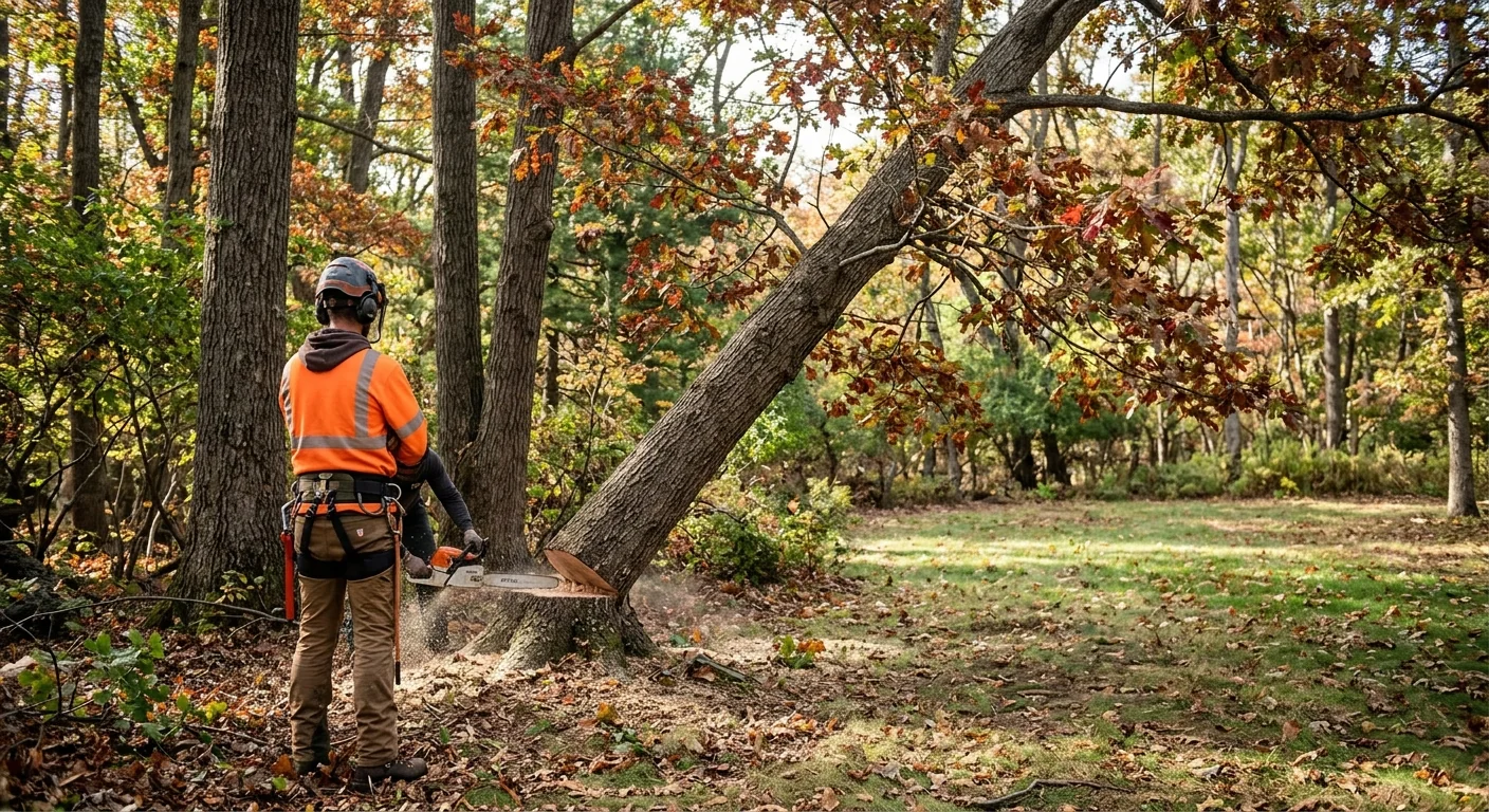 Directional felling of a mid-sized tree in an open wooded lot