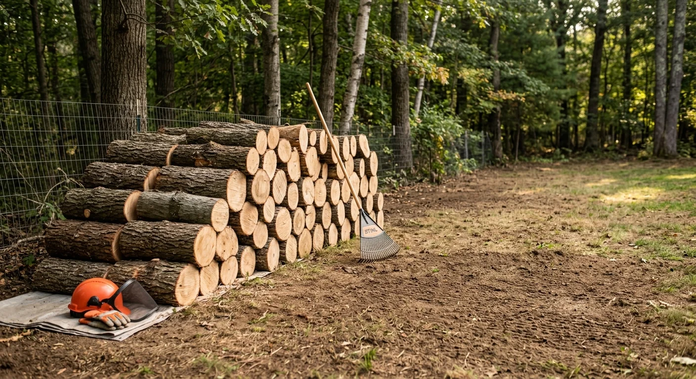 Neatly stacked logs and cleared brush after completing a tree removal