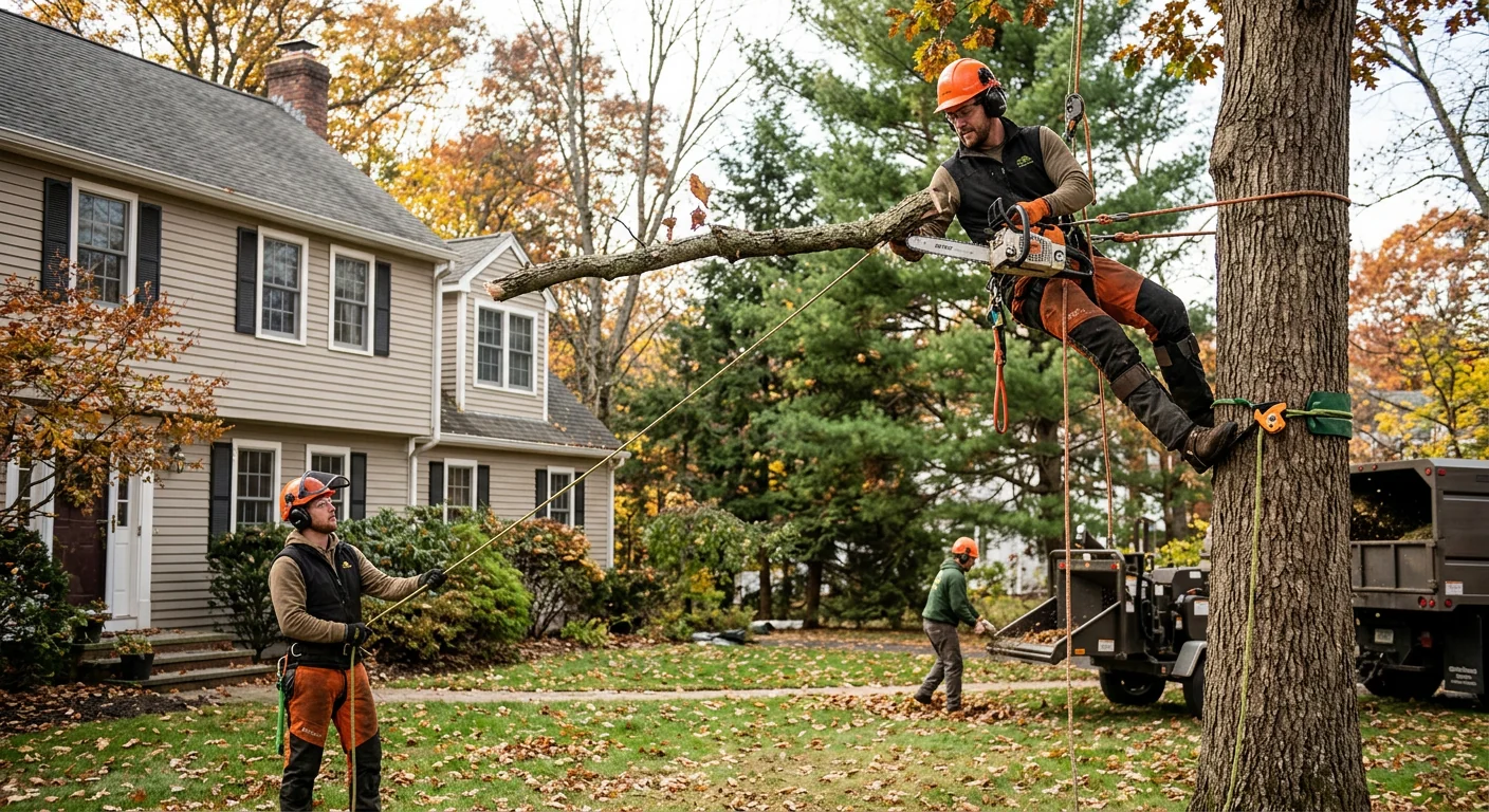 Trained crew performing sectional tree removal near a Milford home with rigging lines