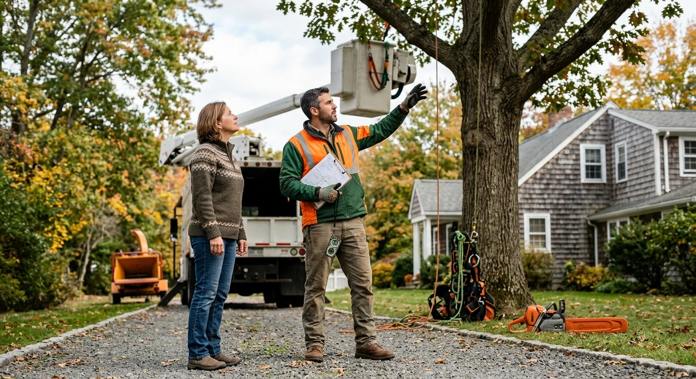 Certified arborist inspecting a mature oak trunk during a Milford tree risk assessment