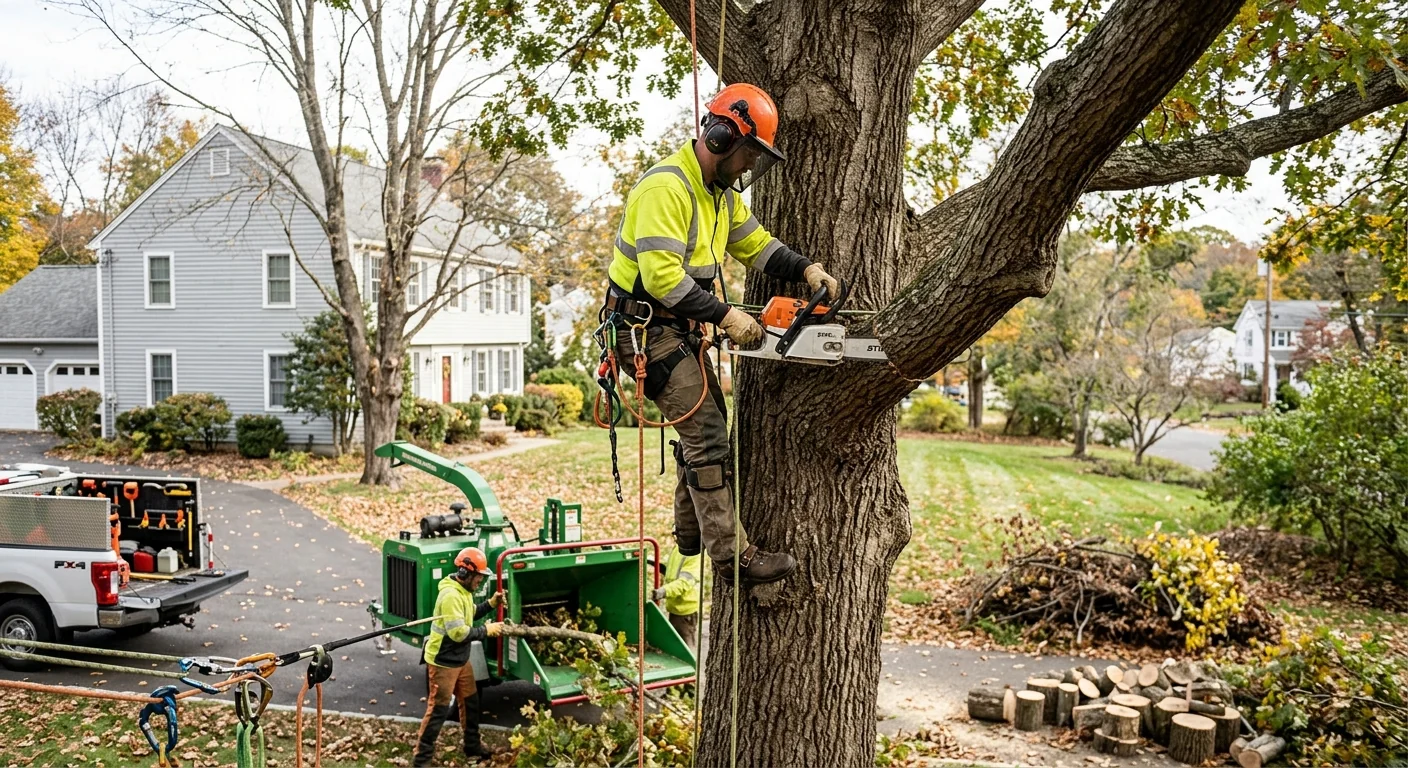 Arborist inspecting a mature oak during a Milford tree risk assessment