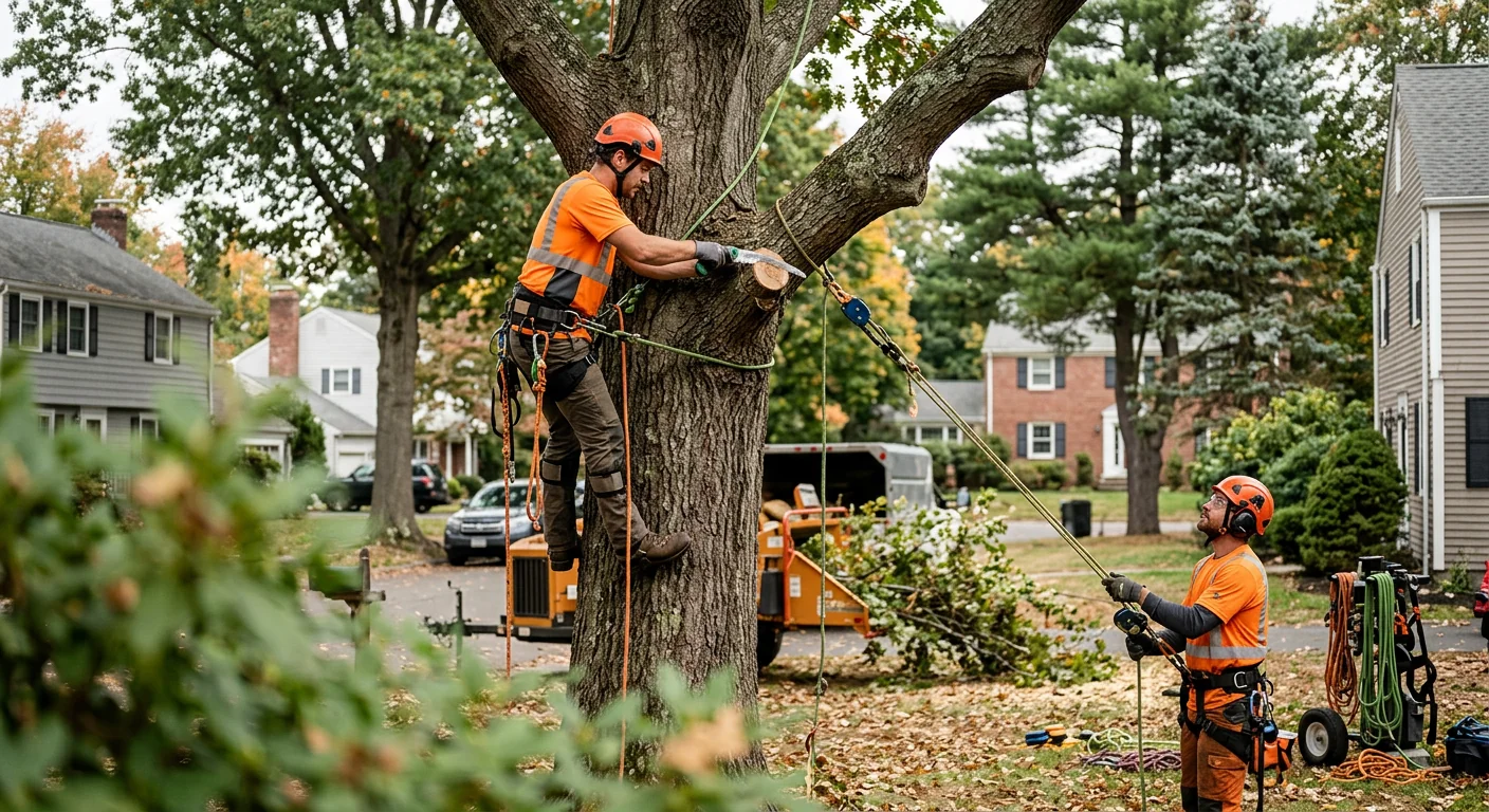 Arborist inspecting a mature tree trunk for decay on a Milford residential property