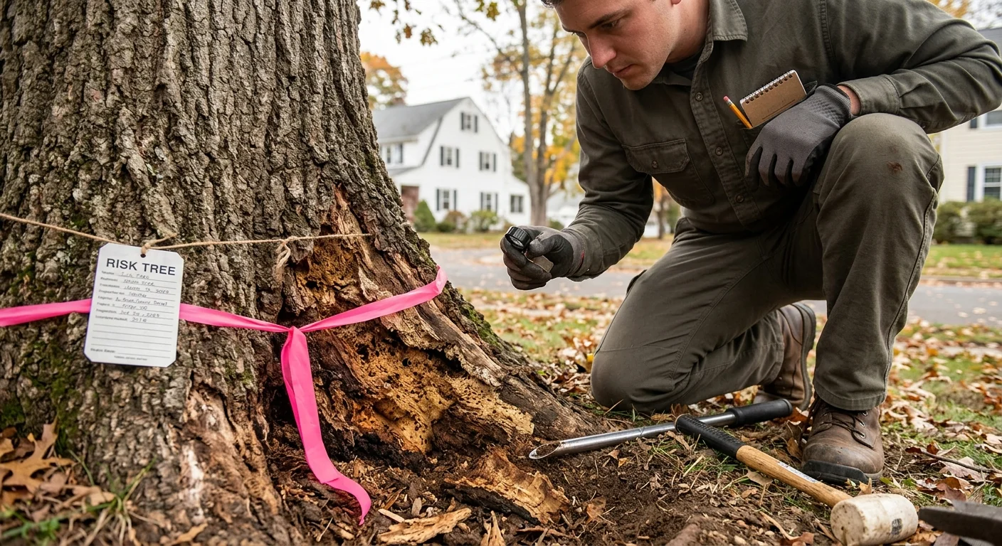 Close-up of decayed root collar flagged during a Milford tree risk inspection