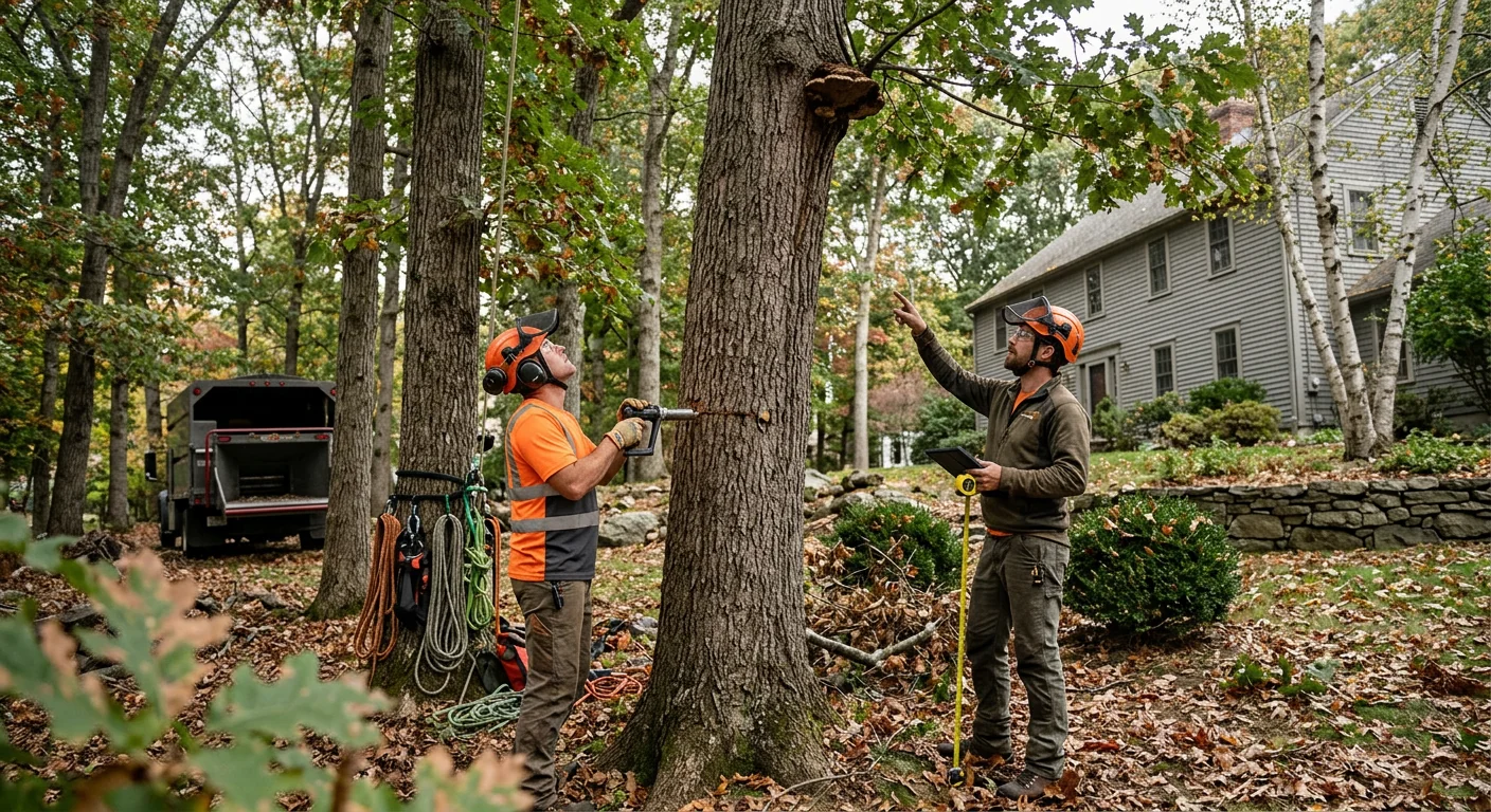 Wide shot of a wooded backyard being assessed for hazardous trees in Milford