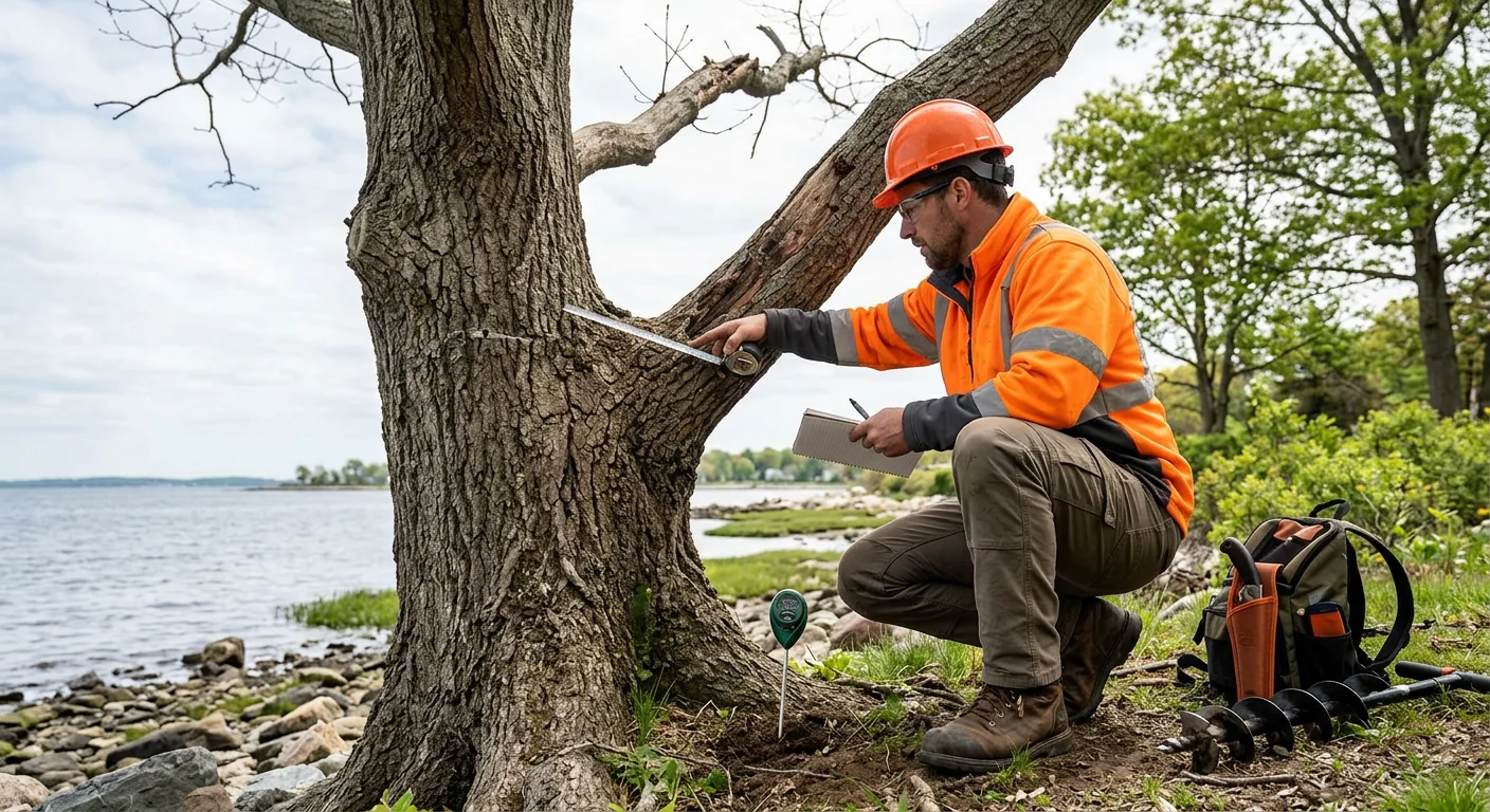 Technician examining crown dieback on a mature hardwood along the shoreline