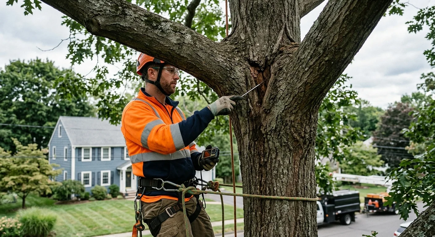 Marked branch attachment defect on a residential tree in Milford