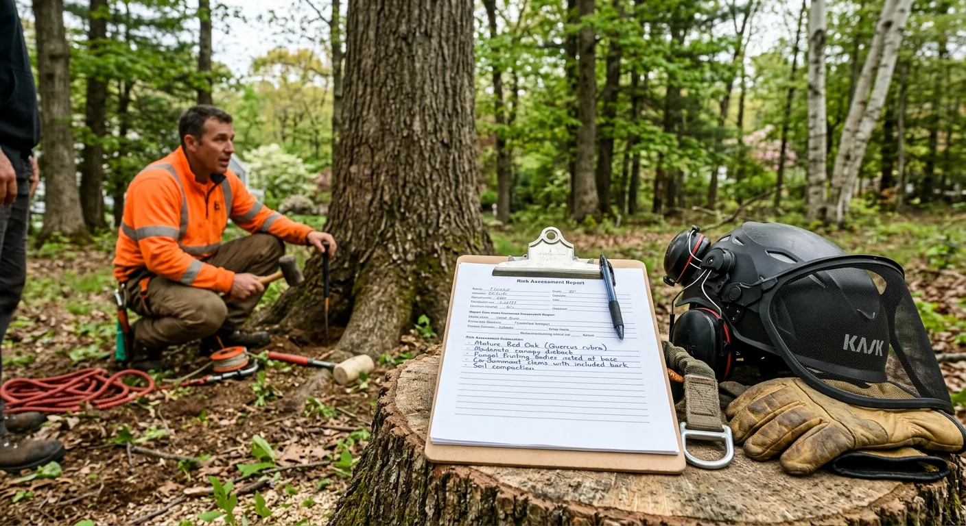 Written risk assessment report resting on a clipboard beside inspected trees