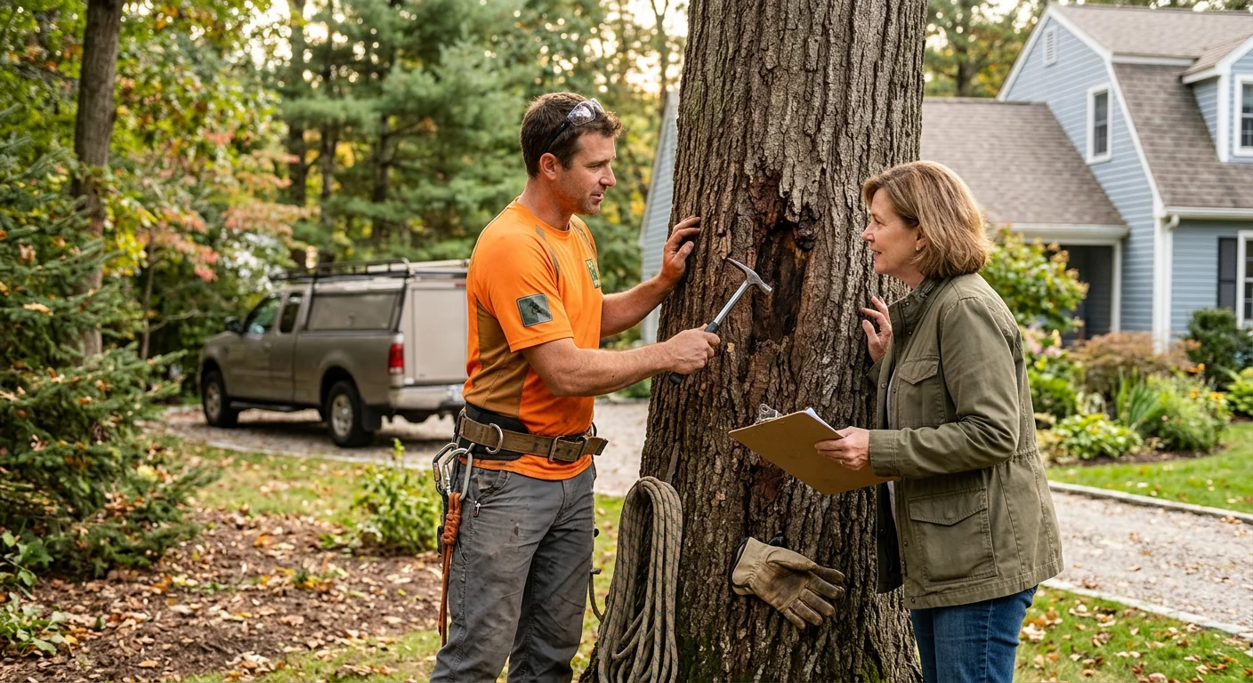 Finished walkthrough with homeowner reviewing tree risk findings on a Milford lot