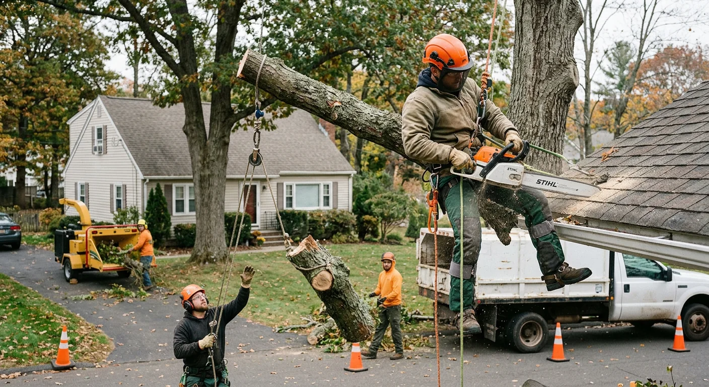Trained arborist inspecting a mature tree trunk for decay in a Milford yard