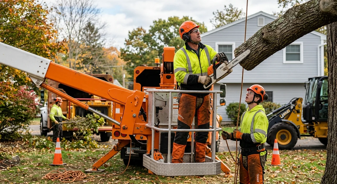 Tree care crew assessing a large hardwood on a Milford residential property