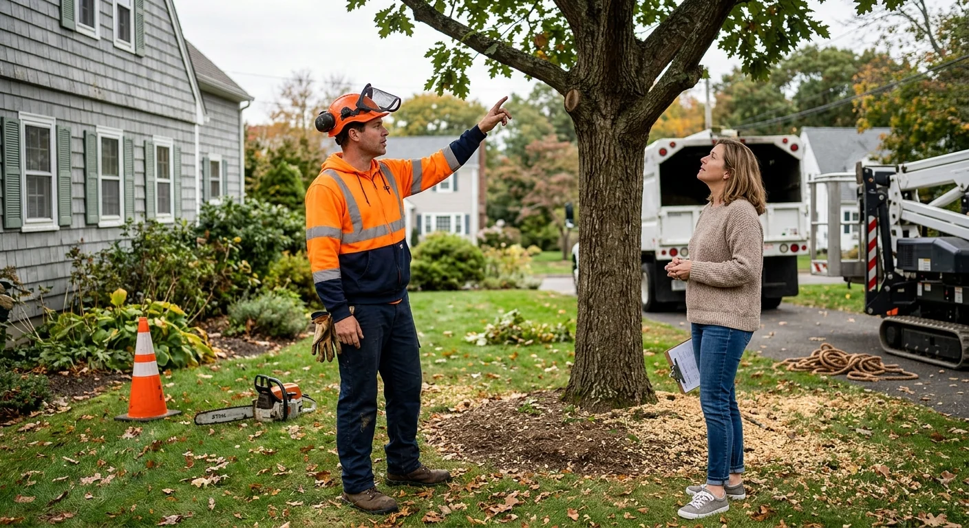 Technician reviewing completed tree work with a Milford homeowner during walkthrough