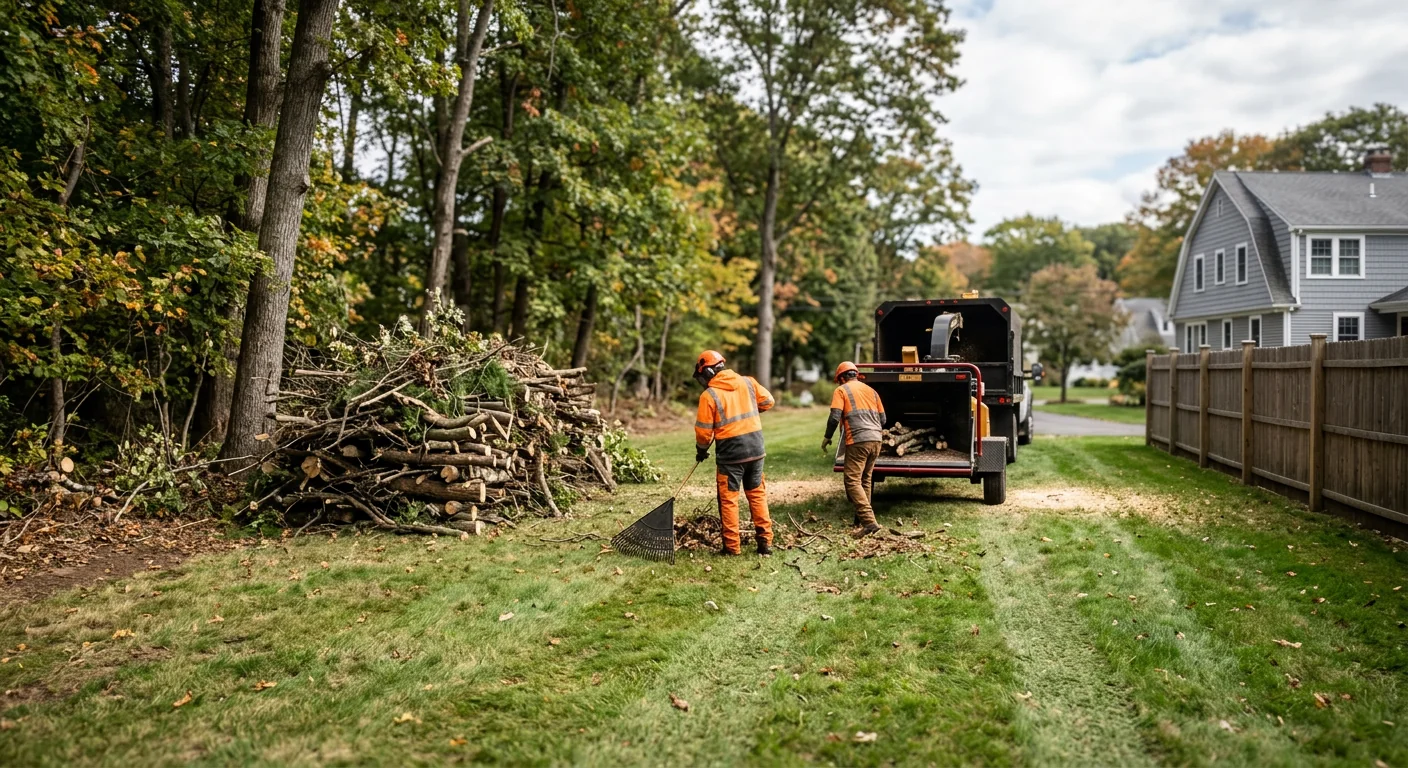 Clean property and stacked brush after tree service in a Milford yard