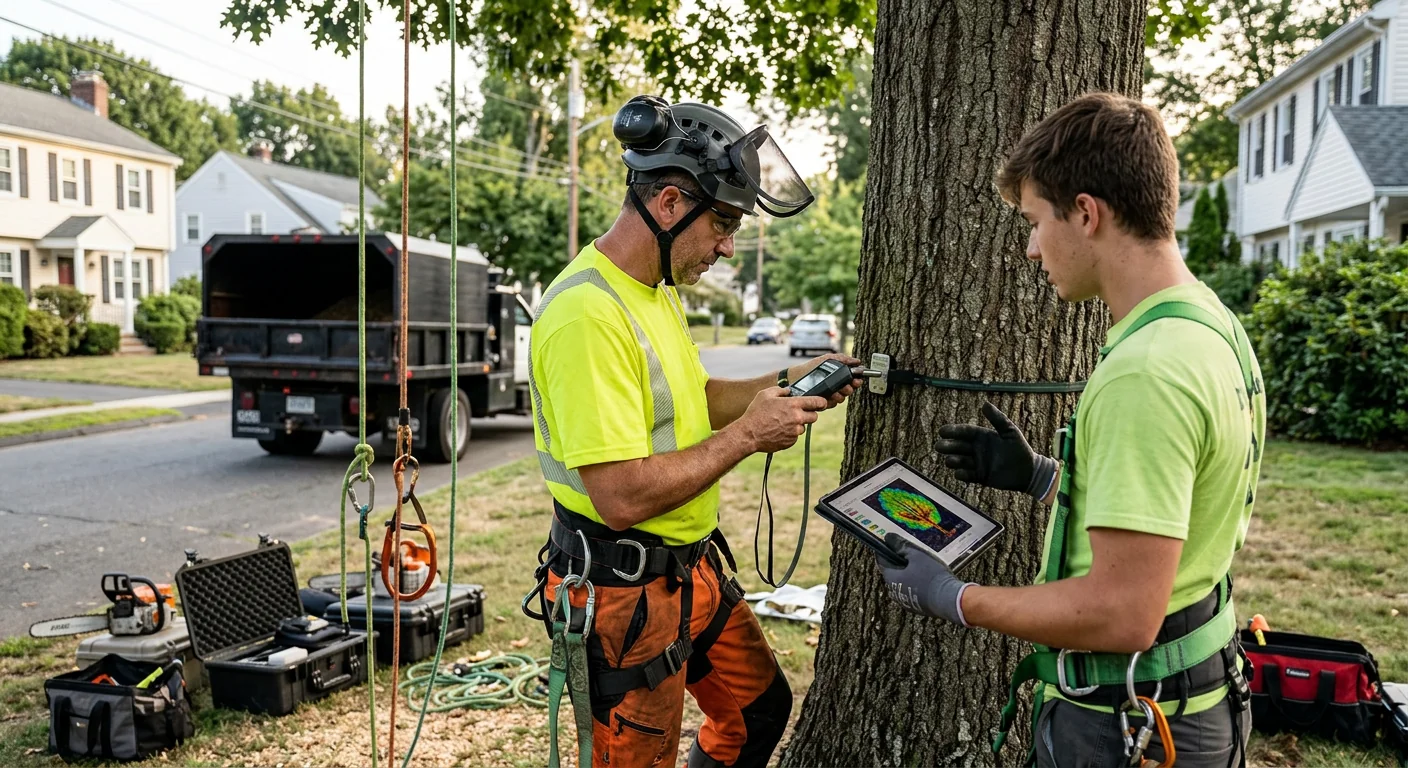 Arborist walking a Milford homeowner through a written tree service estimate