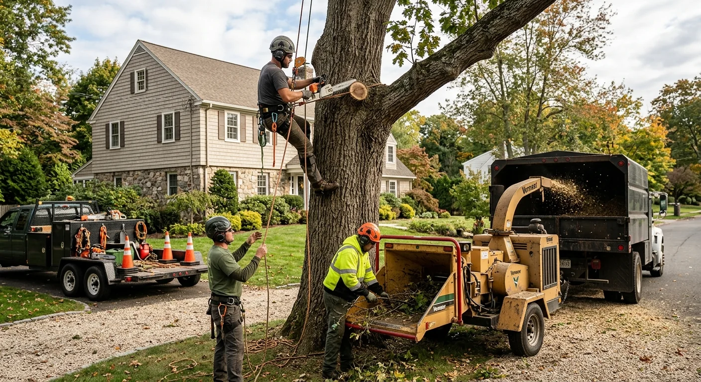 Tree care crew reviewing a Milford neighborhood service map near a residential property