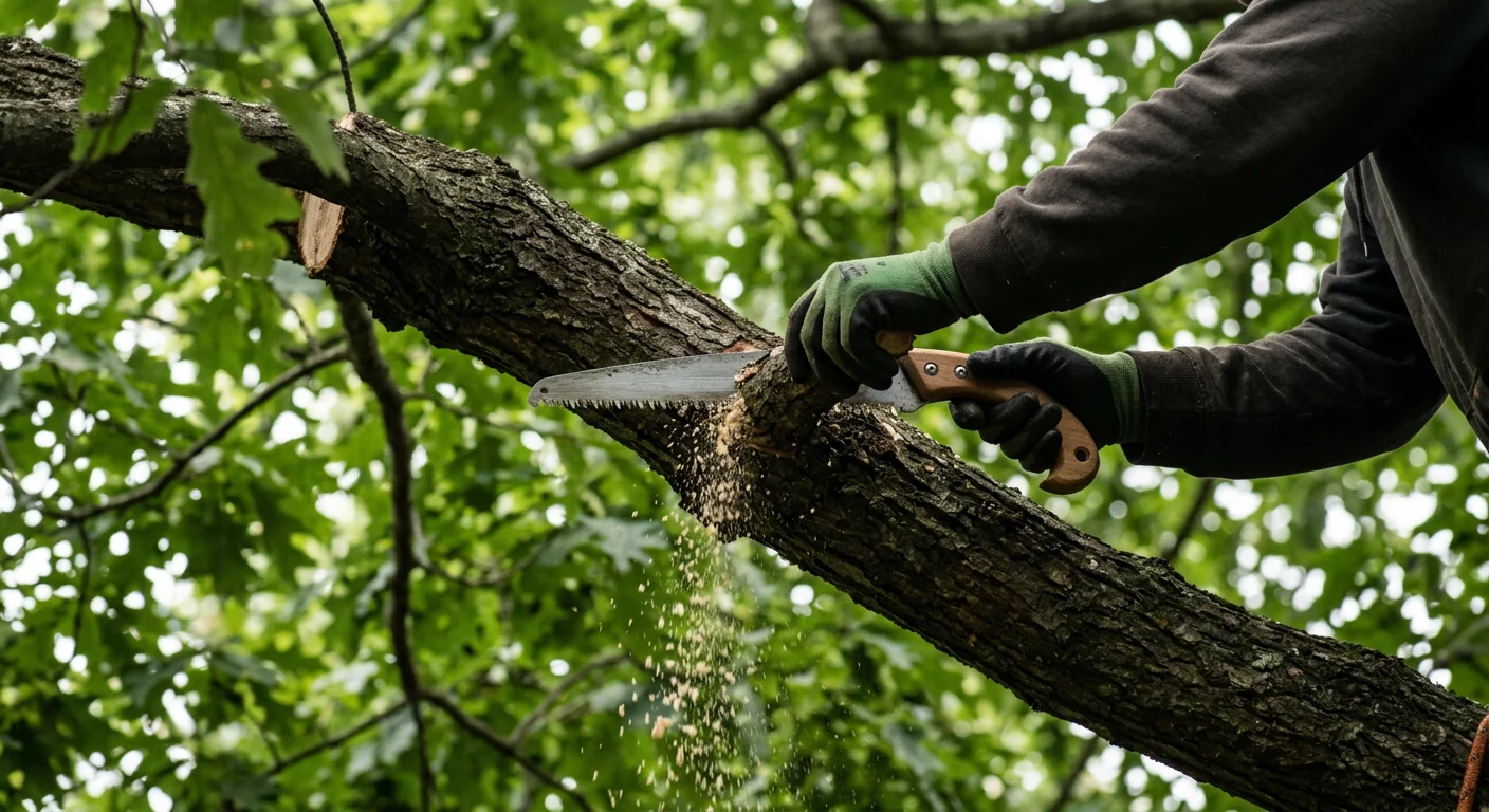 Certified arborist making a precise pruning cut on a mature oak branch