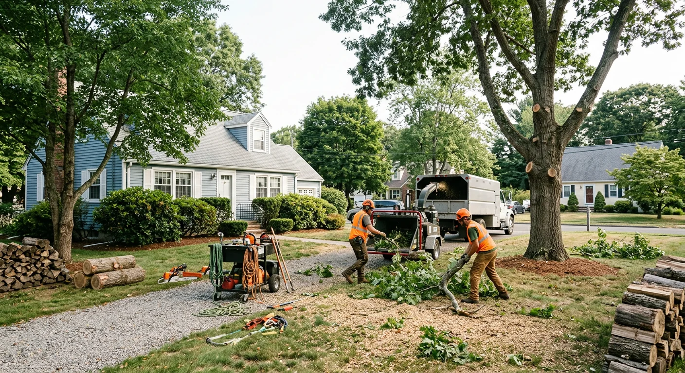 Wide view of a suburban Milford backyard after complete tree trimming service