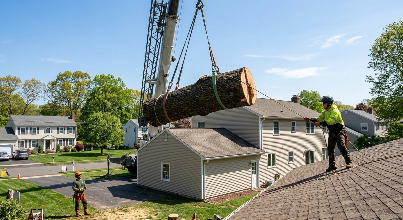Crane lifting a large tree section over a residential rooftop during removal