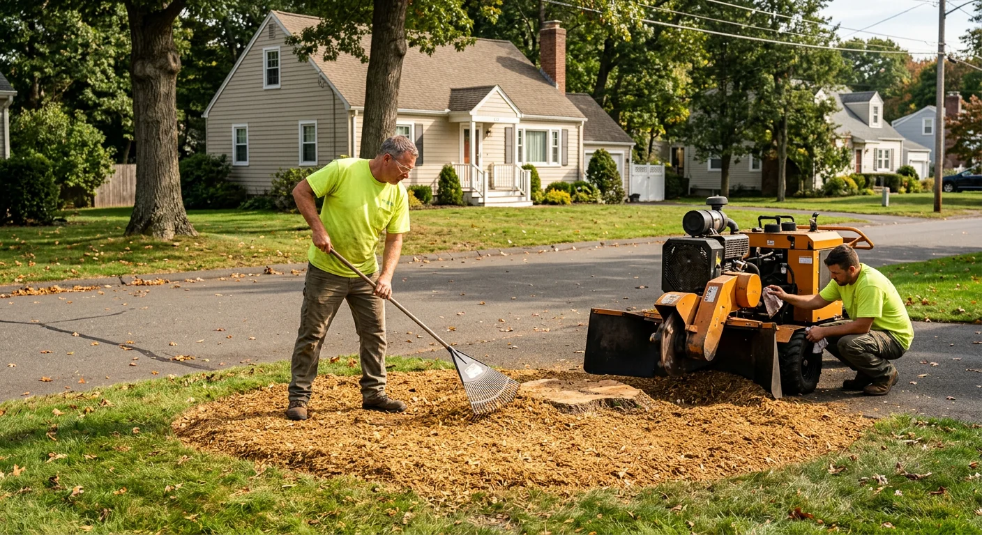 Freshly ground tree stump with clean mulch in a residential front yard
