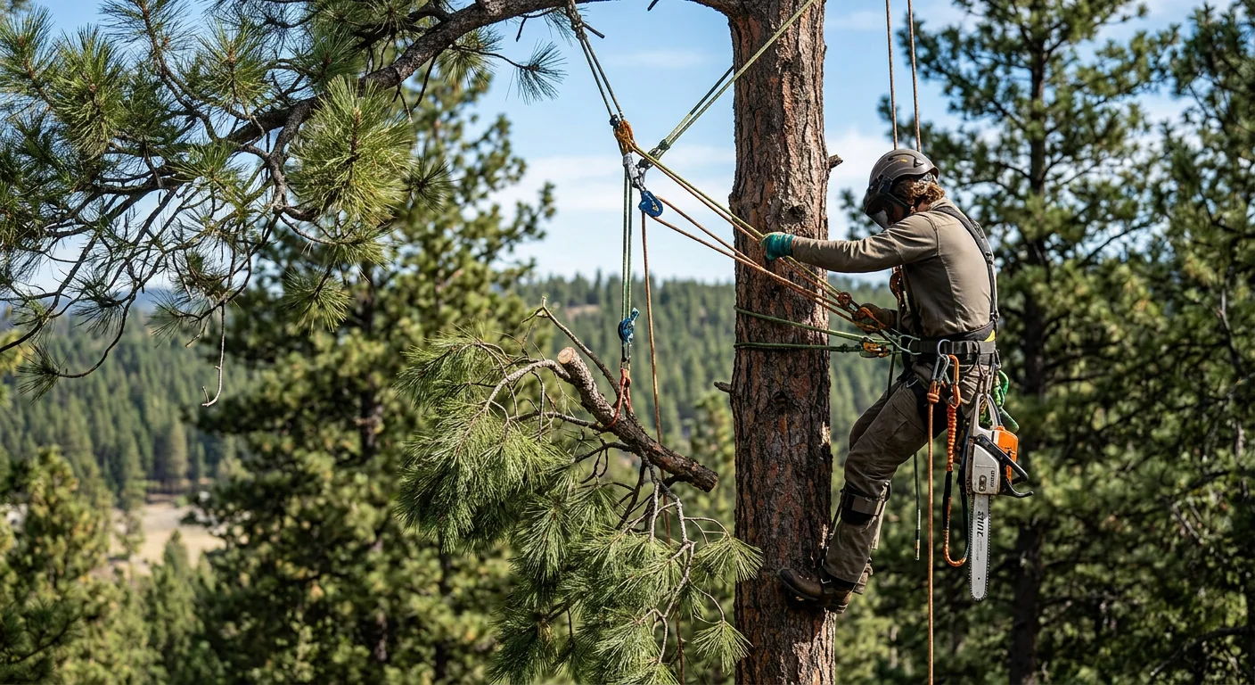 Tree climber roped into a tall pine performing controlled limb removal