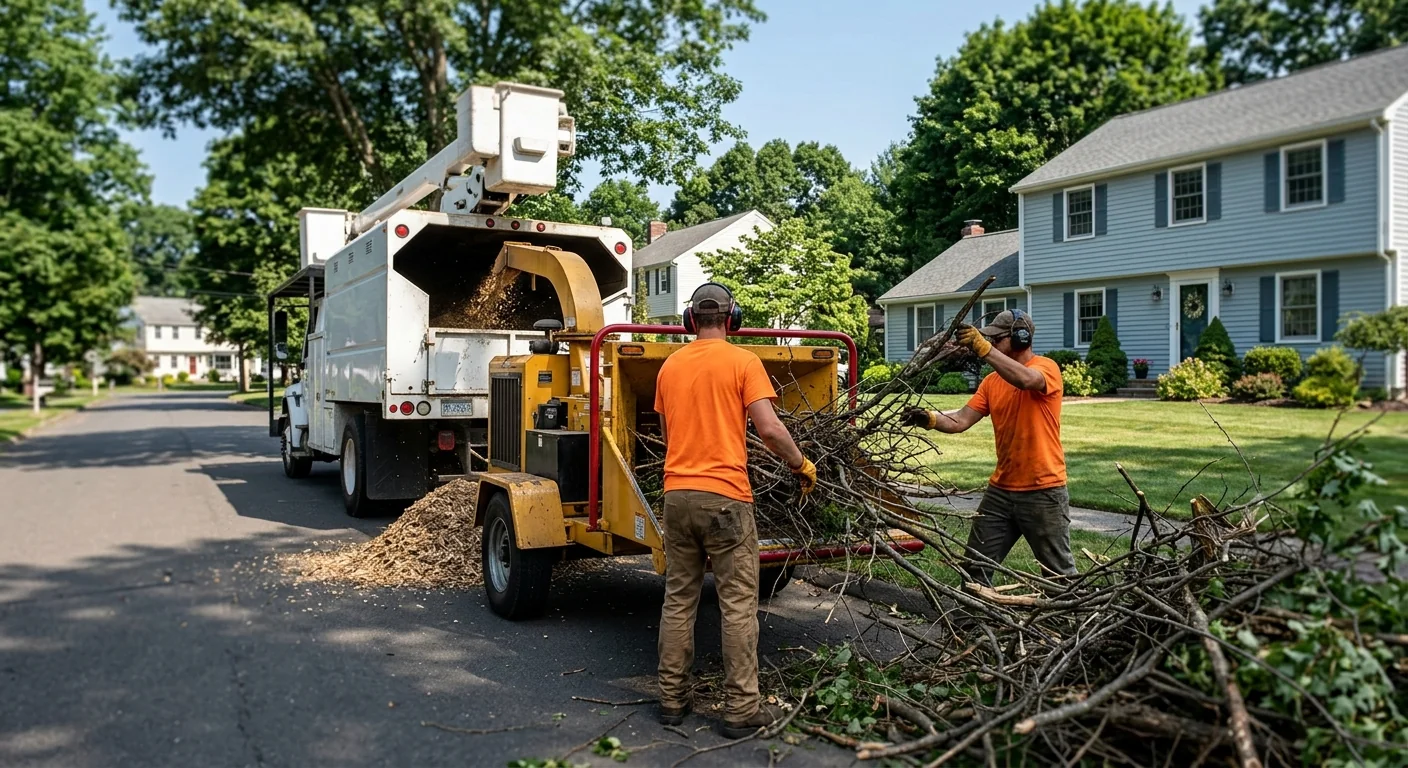 Crew feeding cut branches into a wood chipper along a tree-lined street