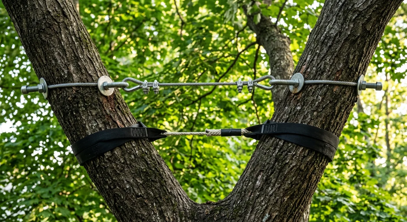 Steel support cable installed between two limbs of a large hardwood tree