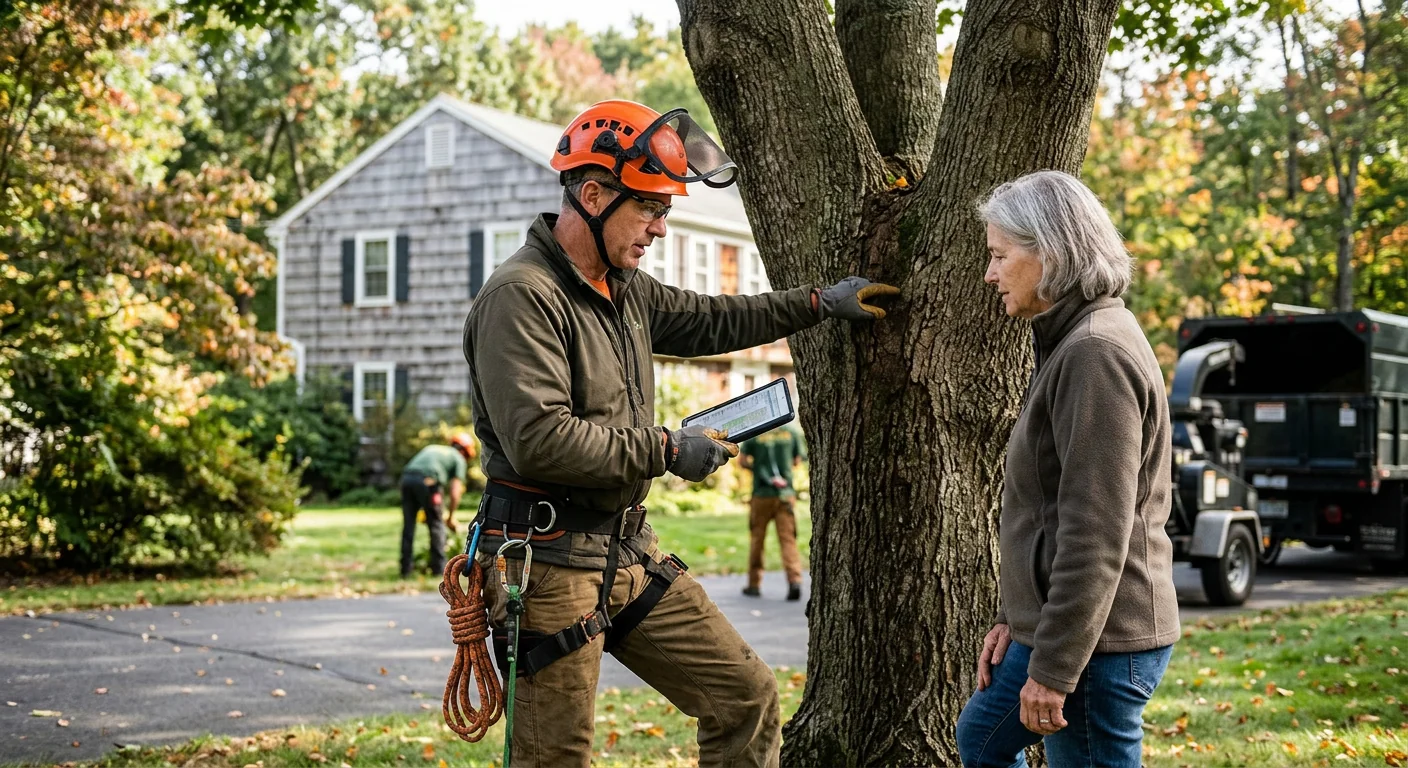Tree care technician reviewing a service request on a Milford property
