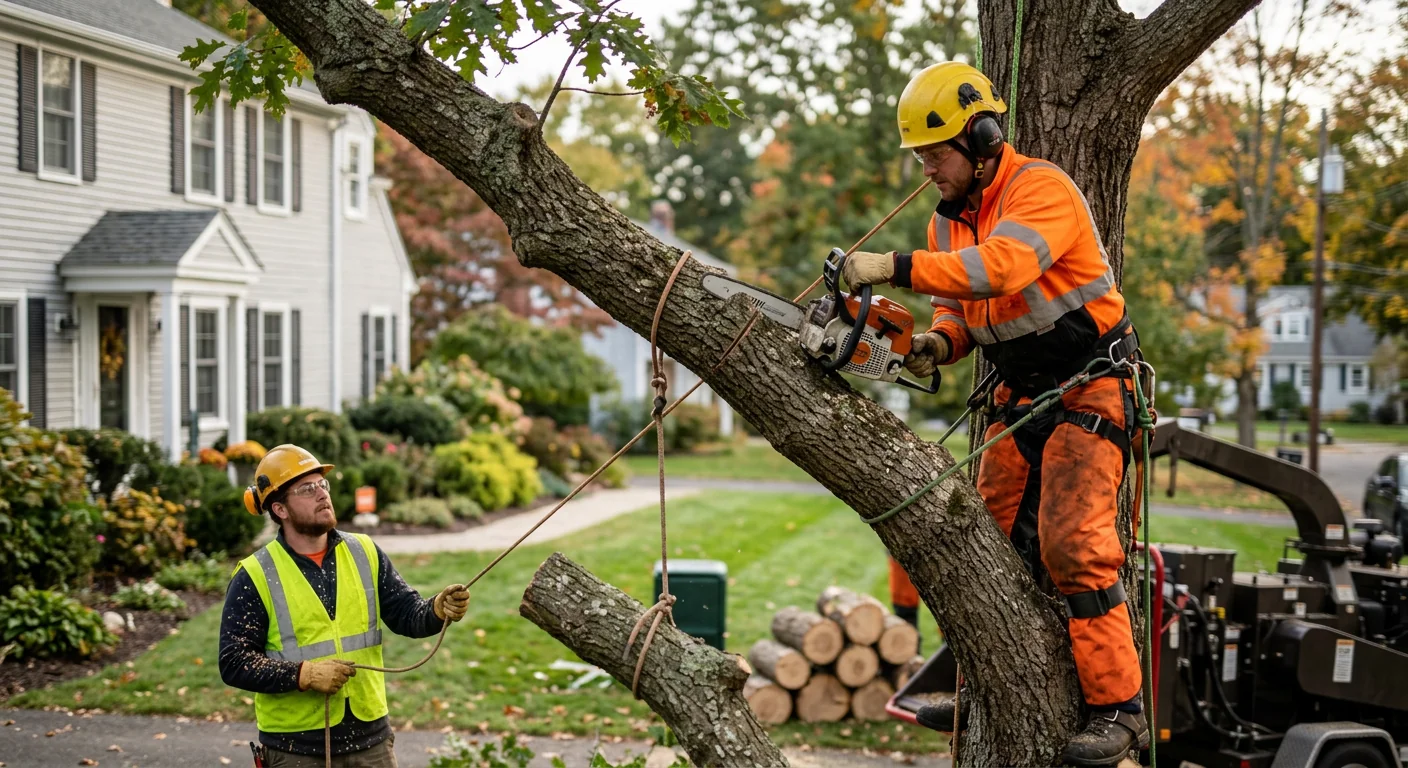 Certified tree crew inspecting rigging gear before a removal in Milford