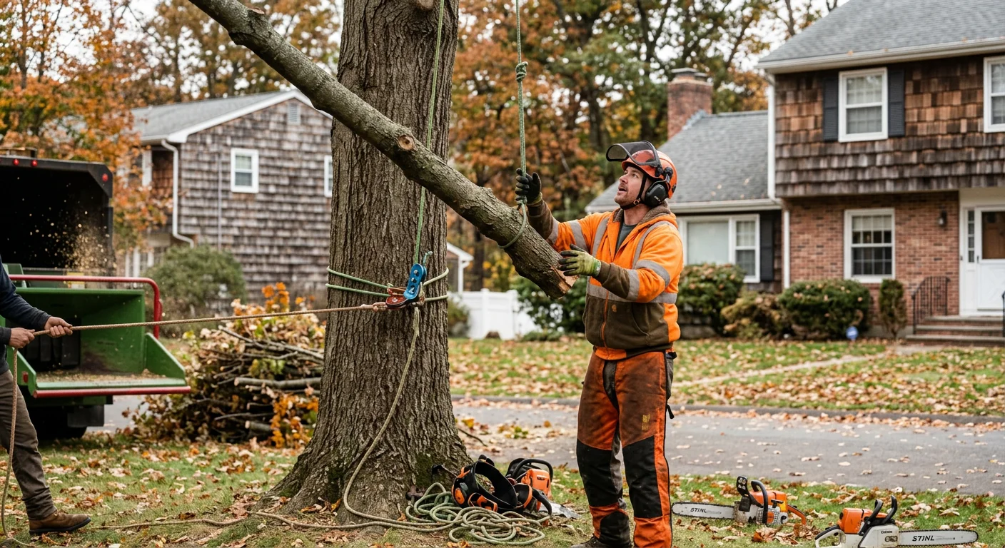 Experienced arborist performing controlled limb removal with rigging on a Milford property