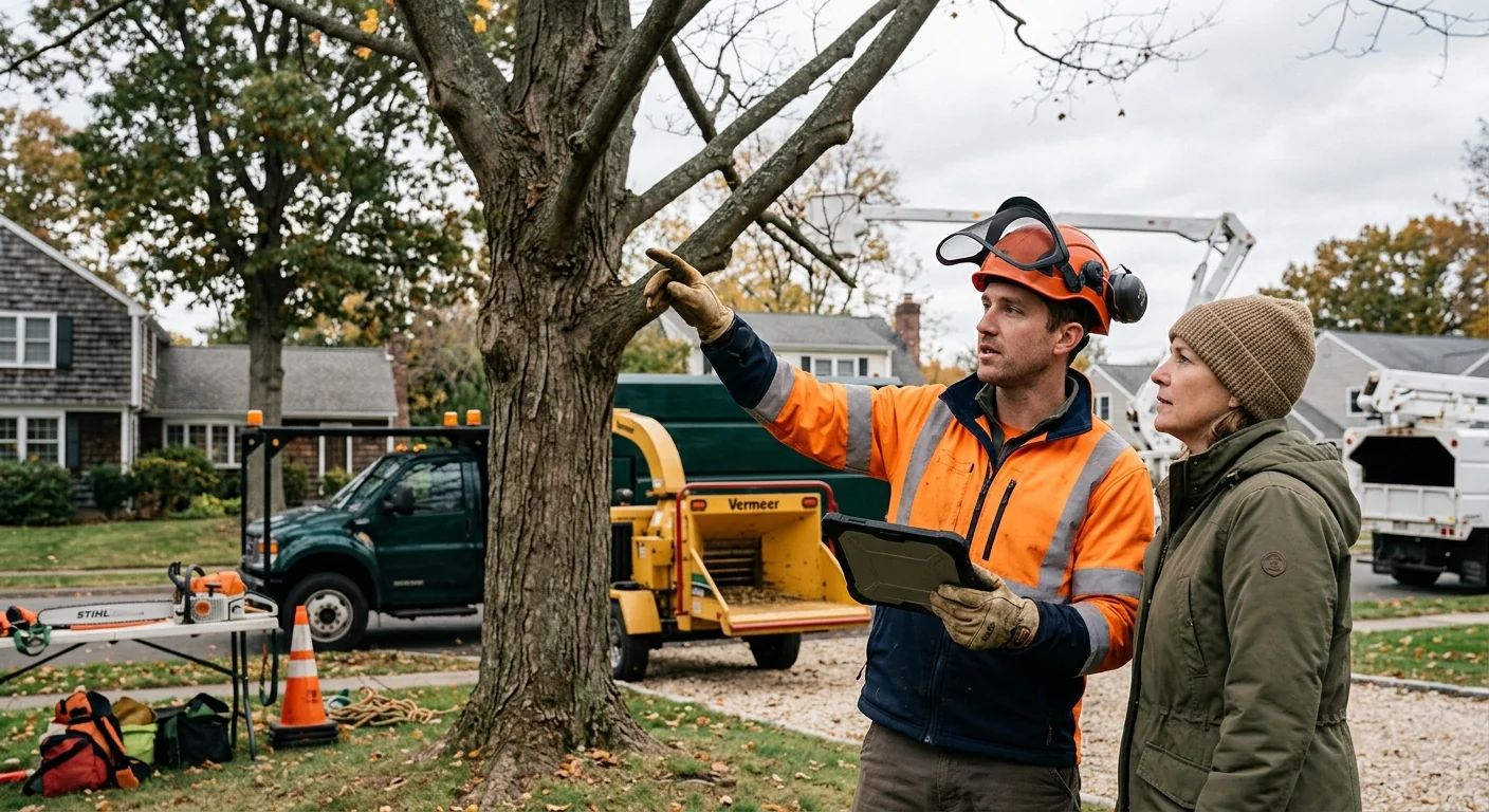 Arborist evaluating a mature oak canopy before trimming at a Milford property