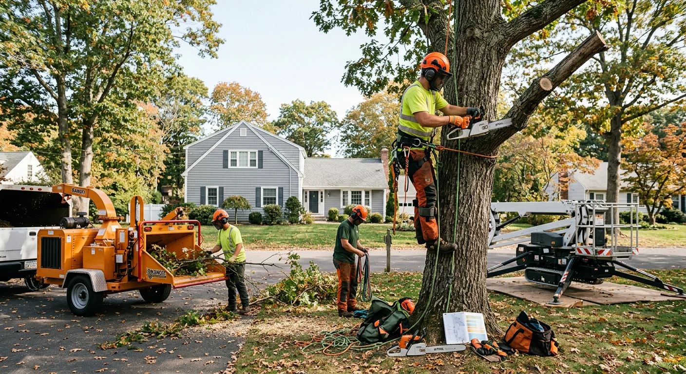 Arborist trimming a mature shade tree at a Milford home