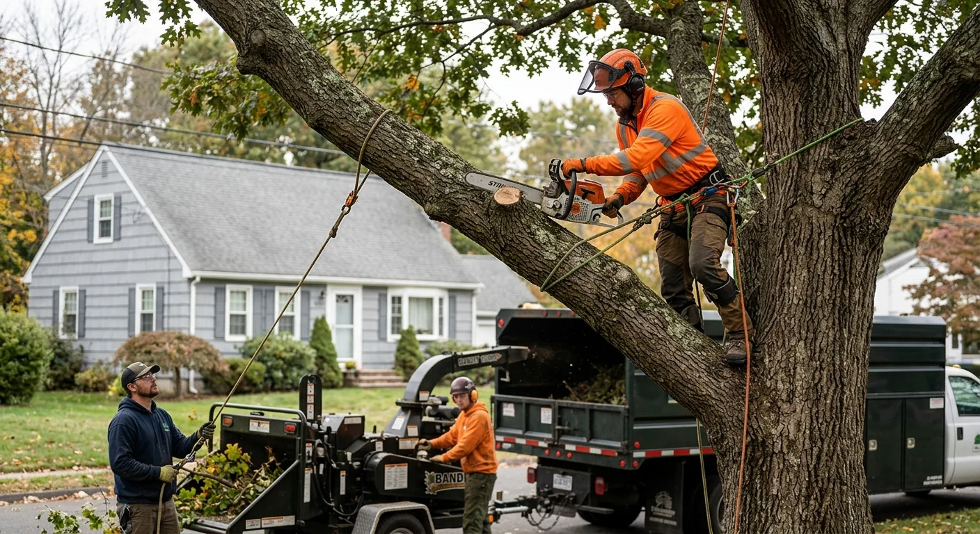 Arborist crown thinning a mature oak over a Milford residential yard
