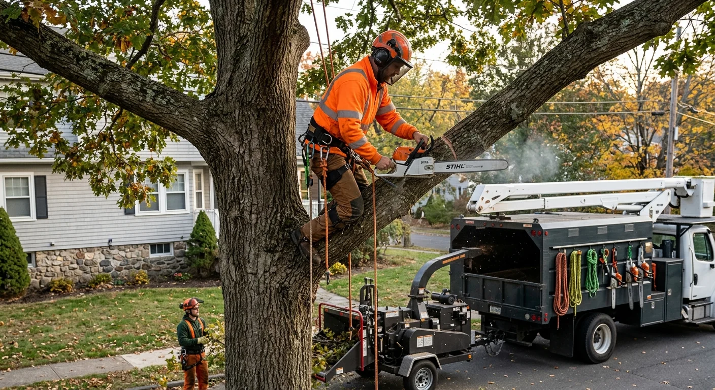 Overgrown branches crossing and rubbing against a home in Milford before trimming