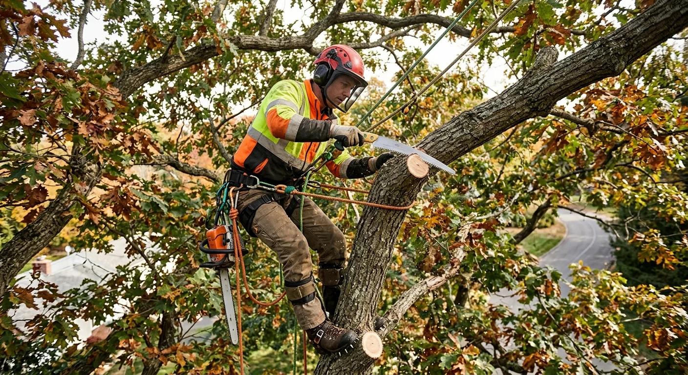 Climber making a precise branch-collar cut high in a mature oak canopy