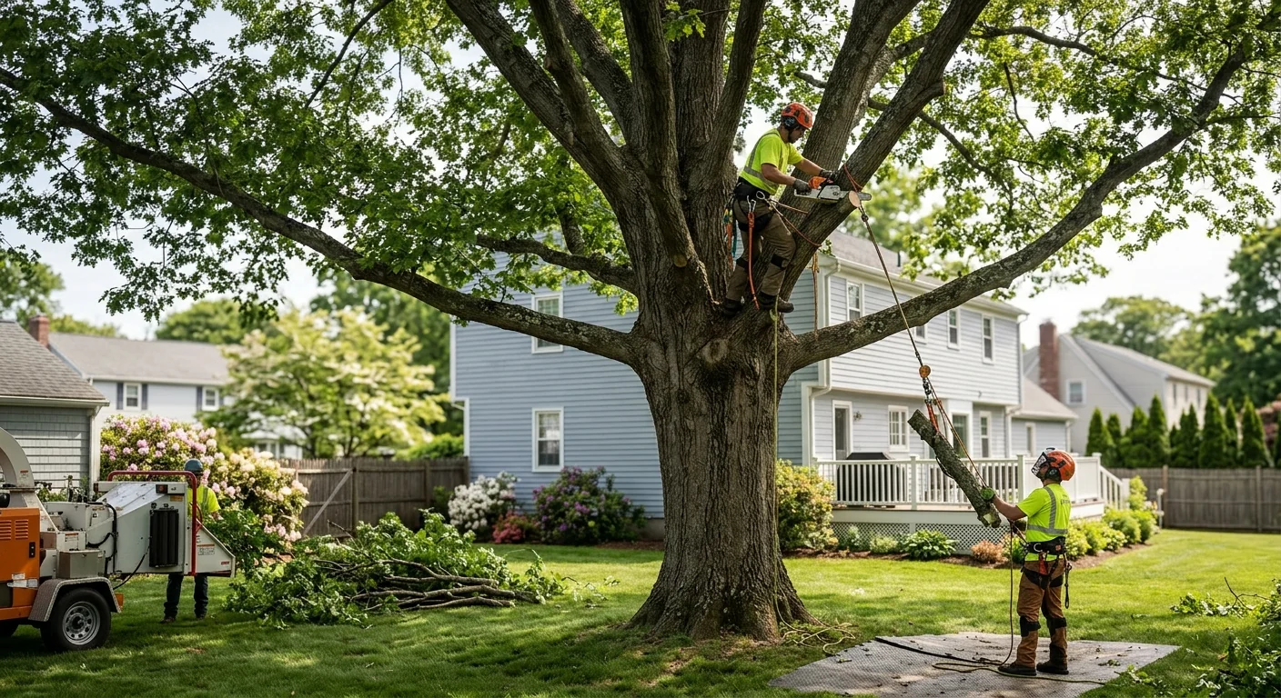 Wide view of a trimmed shade tree over a tidy Milford backyard