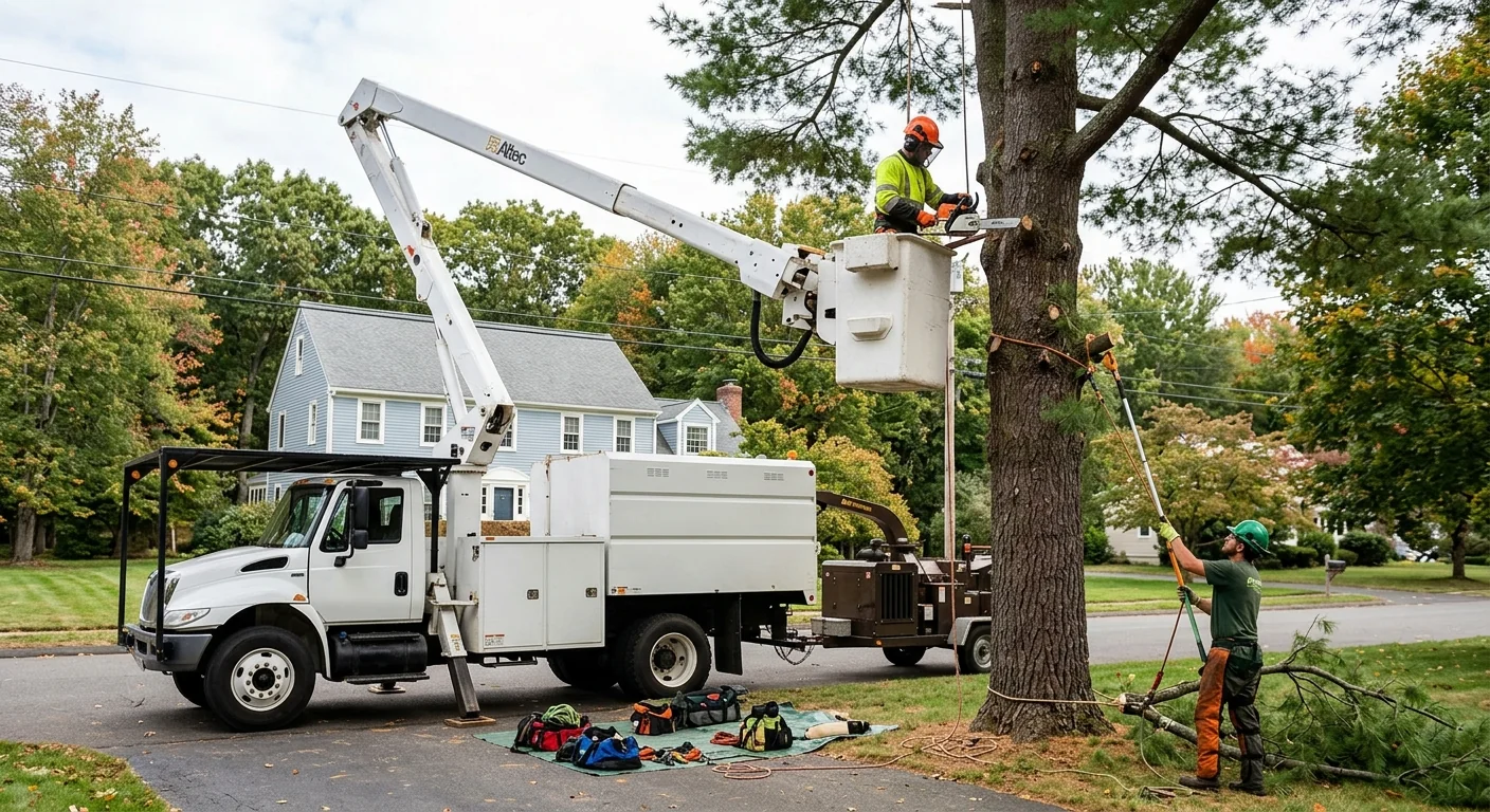 Bucket truck positioned beside a tall pine during canopy trimming