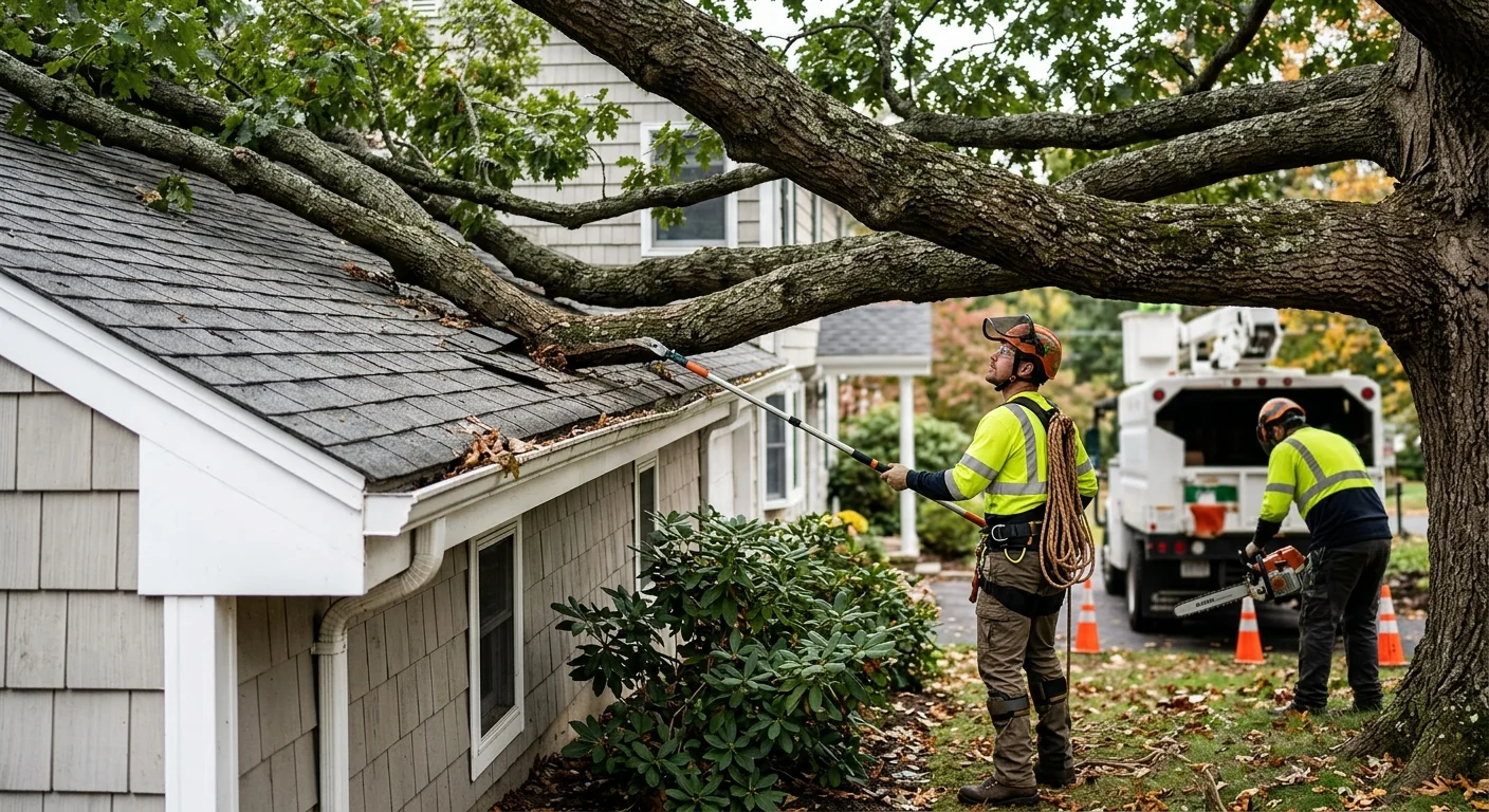 Overgrown tree limbs near a roofline before clearance trimming begins