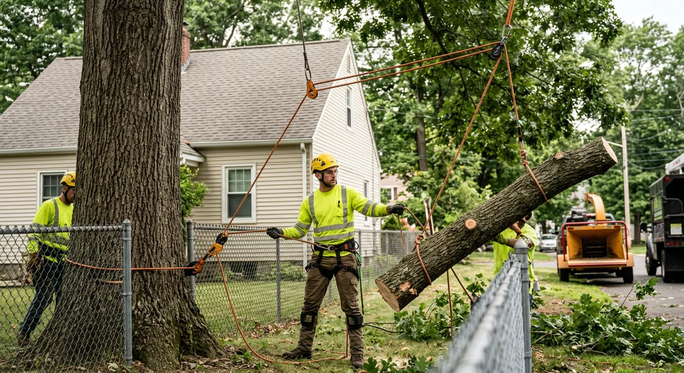 Technician rope-lowering a heavy limb away from a fence line