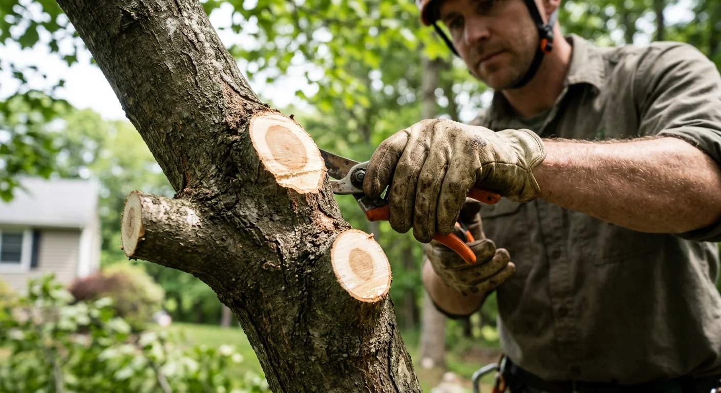 Close-up of freshly pruned branch stubs showing clean healthy cuts